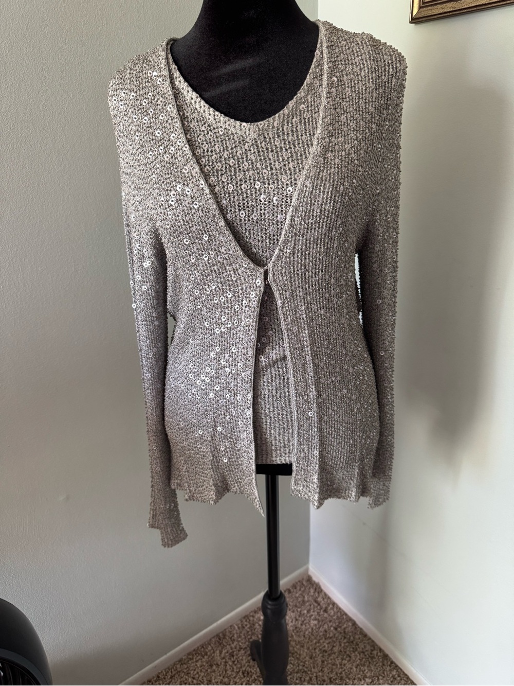 Neiman Marcus Silver Sequin Knit Cardigan & Tank